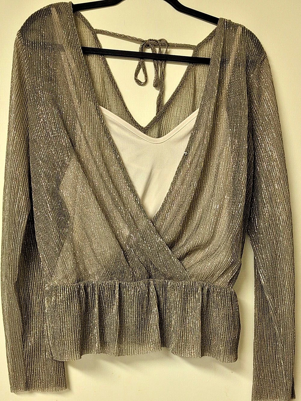 BCX Metallic Wrap Peplum Blouse in Gold JR Large NWT